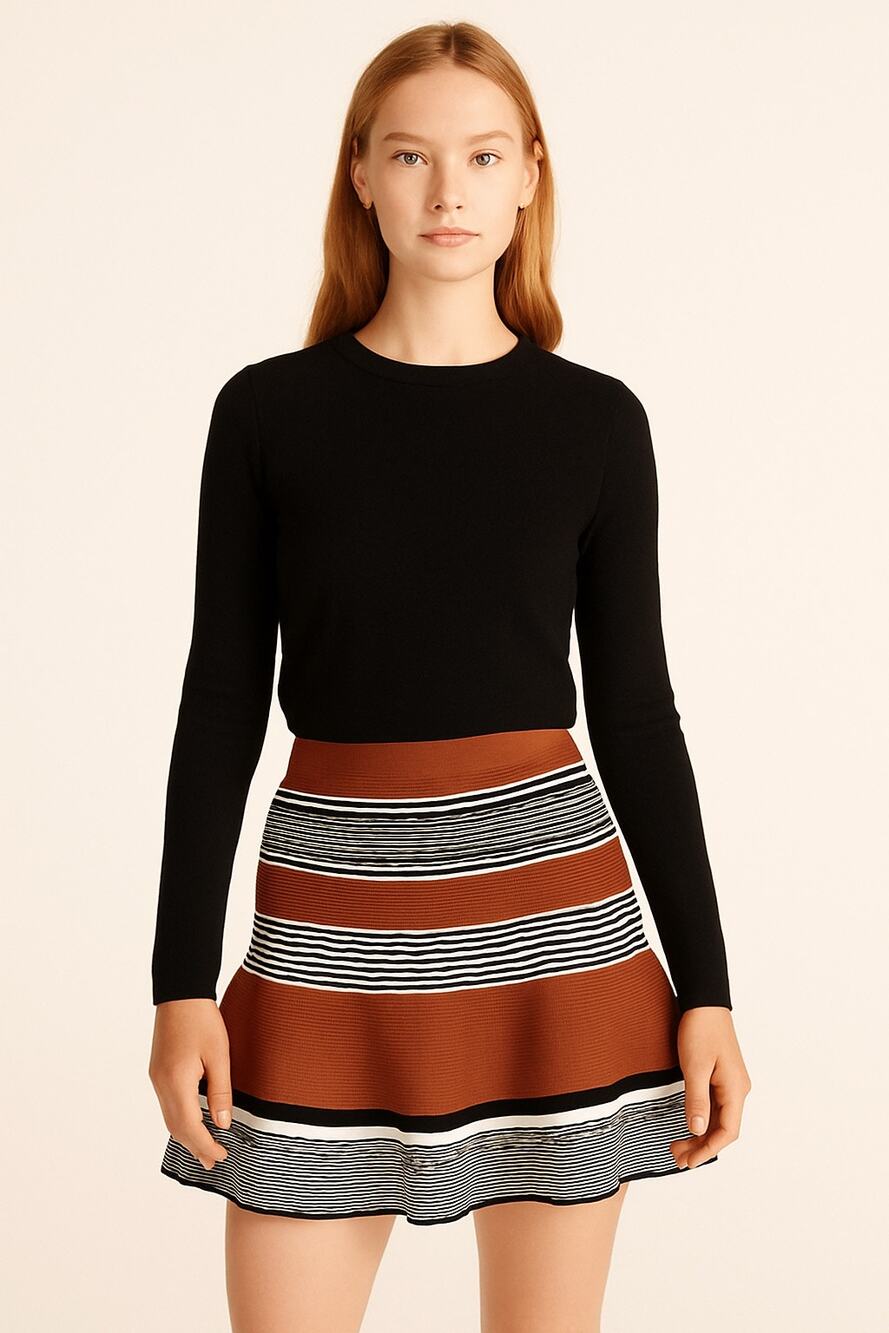 Sandro Paris Jupe Jella Knit Mini Skirt in Brown Black Stripe – Size 2